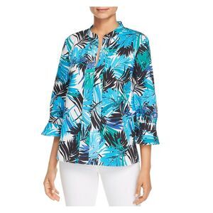 LE GALI Womens Blue Floral 3/4 Sleeve Mandarin Collar Top Size: XS